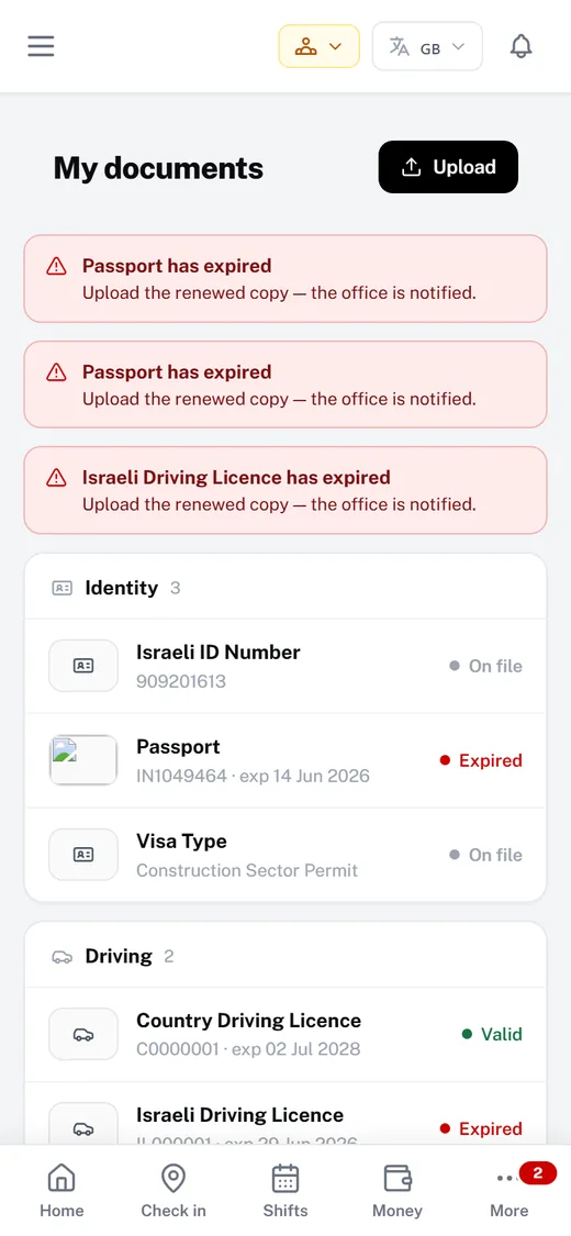 Worker app documents screen with document status
