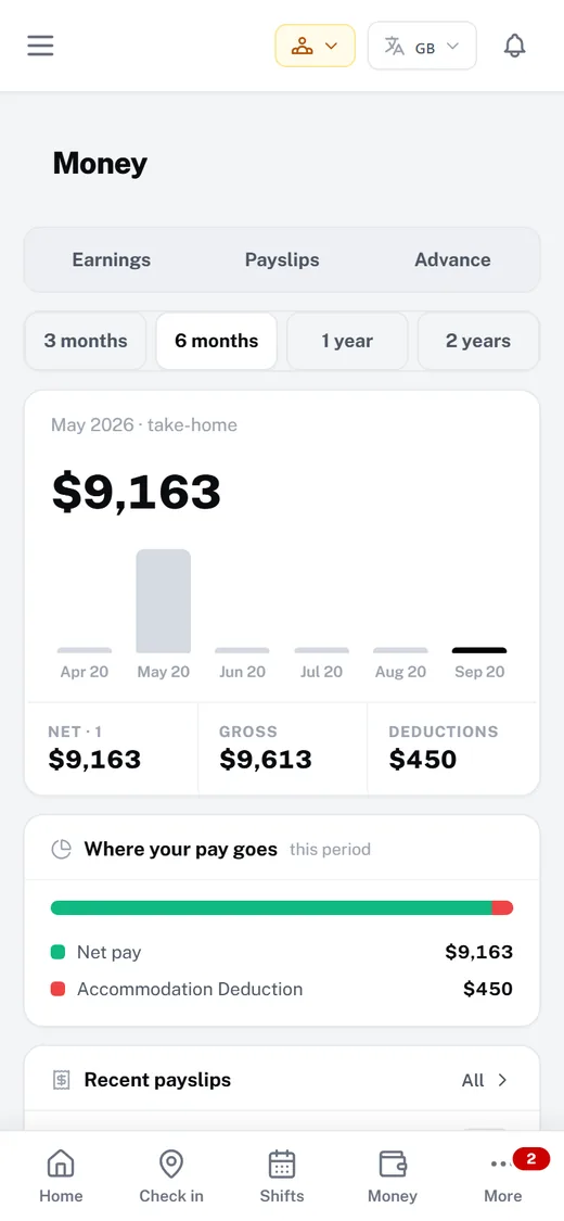 Worker app earnings screen