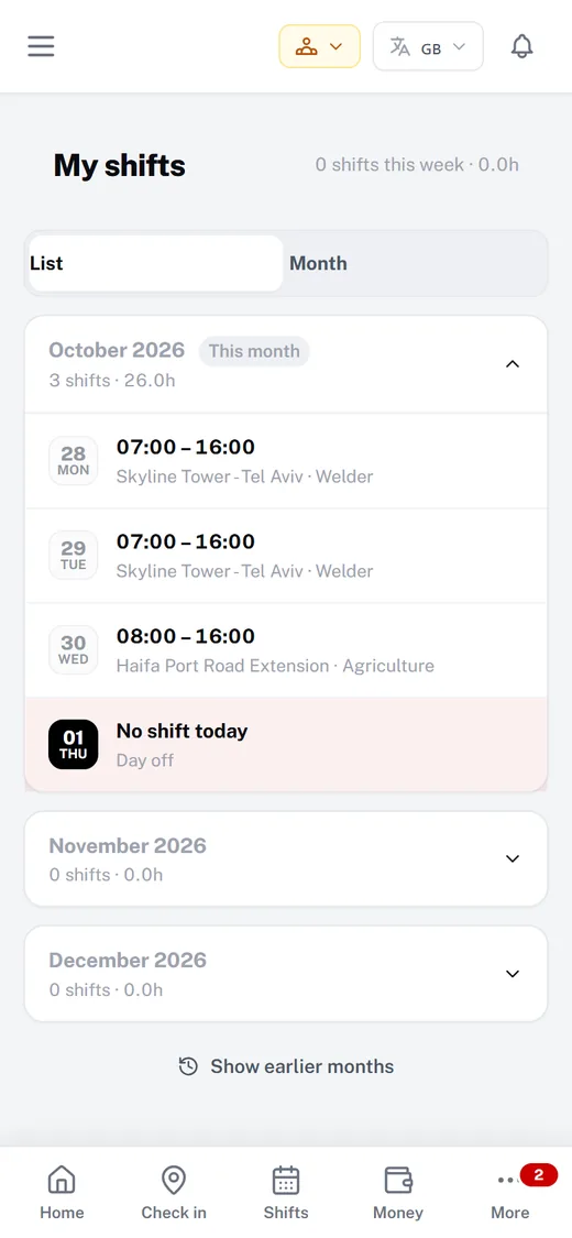Worker app shifts screen